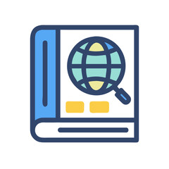Book with globe and magnifying glass exploring global knowledge