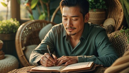 A young Asian man sits on a wicker chair, bathed in warm sunlight, pensively writing in a leather-bound journal. The scene is serene and contemplative.