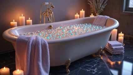 Relaxing bath with bath bombs and candles. A tranquil and luxurious spa-like experience.