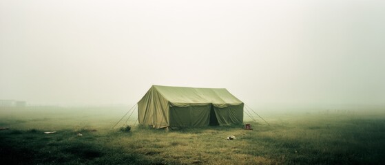 A solitary green tent stands amidst a misty field, capturing a sense of solitude and adventure in the vastness of nature.