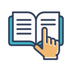 Open book with hand pointing vector design illustration