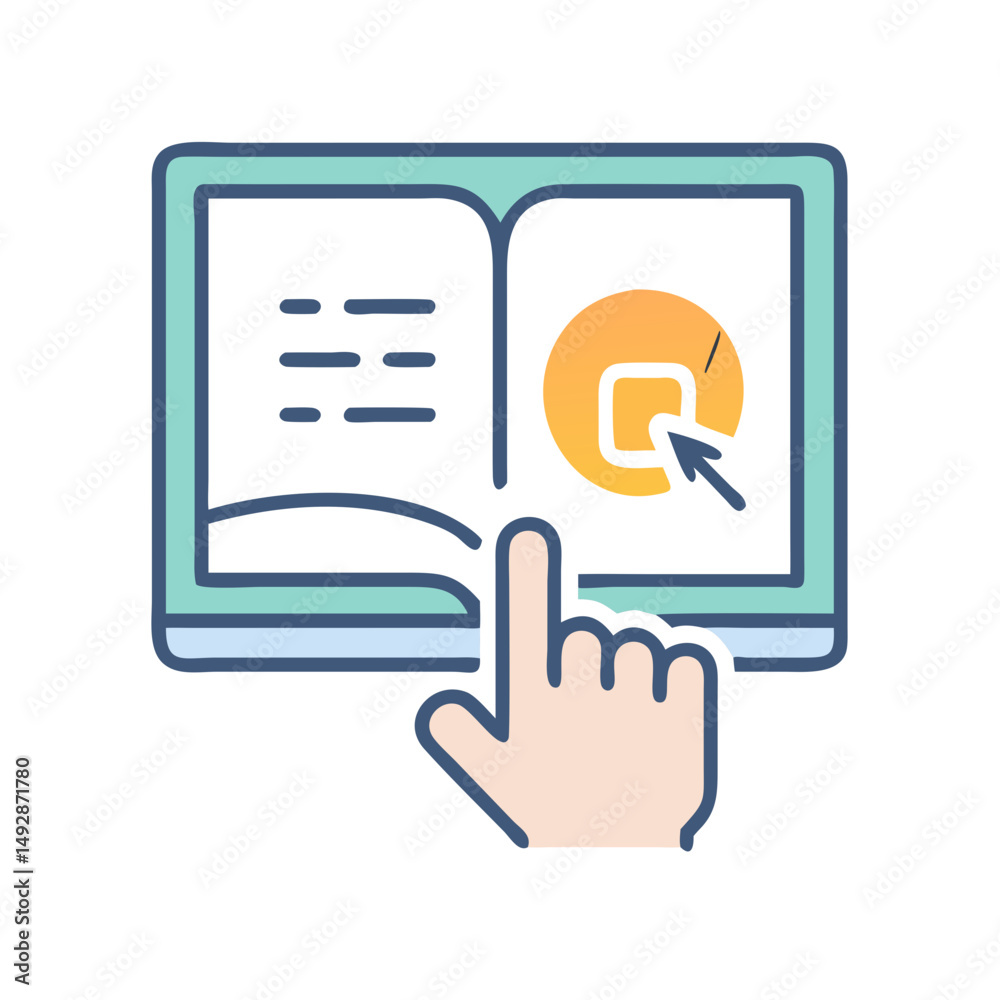 Poster interactive digital learning with open book and hand pointer