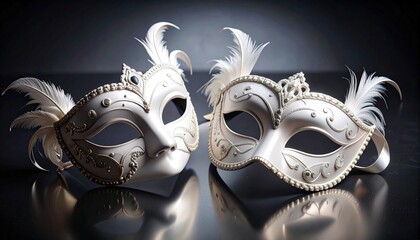 elegant white masks showing unique features and reflections on a dark surface generative ai