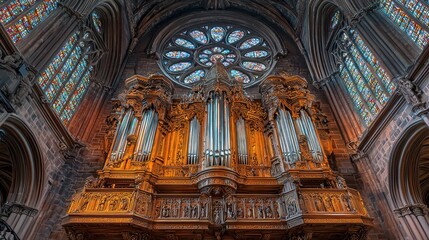 Fototapeta premium Grand pipe organ, stained glass, gothic cathedral