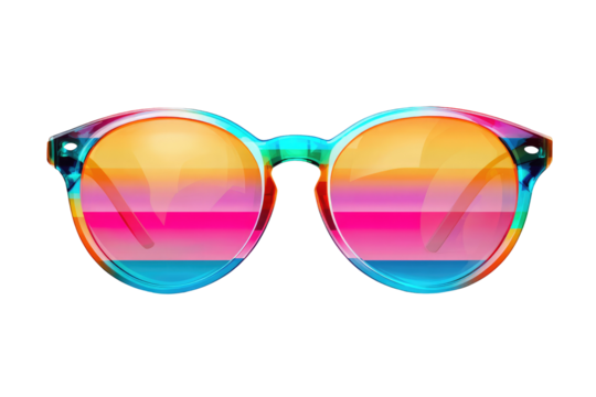 Close up of sunglasses with a colorful sunset reflected in the lenses against a black background on transparent background