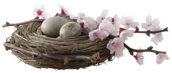 Nest with eggs and delicate blooming flowers.