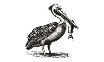 Ornithology Style, Antique Engraving of Pelican Holding Fish, Hand-drawn Coastal Bird Illustration, Monochrome Etching, Vintage Wildlife Sketch, Black Sketch, Trendy Wildlife Art