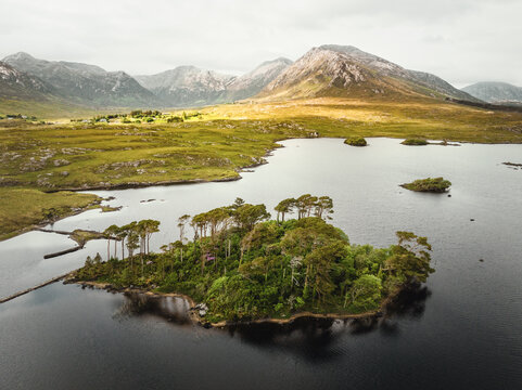 Luftaufnahme von Pines Island im Derryclare Lough, Connemara, Irland