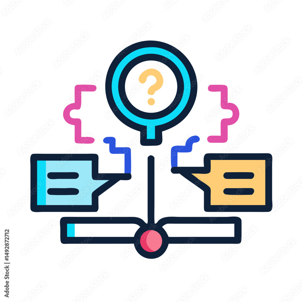 Poster flowchart illustration representing problem solving process with colorful components