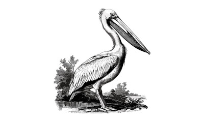 Monochrome Coastal Bird Drawing, Antique Engraving of Pelican, Vintage Ornithology Sketch, Hand-drawn Wildlife Illustration, Rustic Nature Art, Black Sketch, Old Style Nature Art