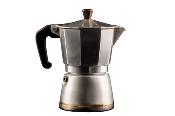 A close up shot of a silver moka pot with a brown handle and lid on a black background studio shot on transparent background