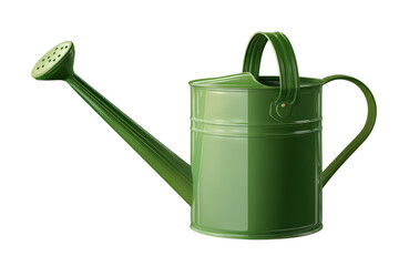 A green watering can with a long spout and handle isolated on a black background in a studio setting on transparent background