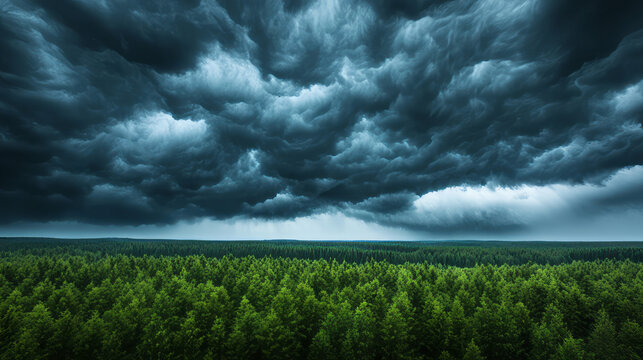Majestic storm clouds swirl ominously over lush forest canopy, invoking nature's raw power during Finland's mesmerizing Kalevala Day