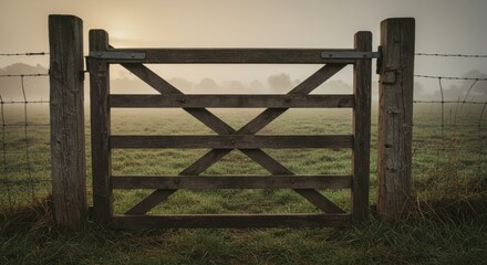 Fototapeta premium Rustic Wooden Gate in Foggy Field at Dawn Pastoral Countryside Scene