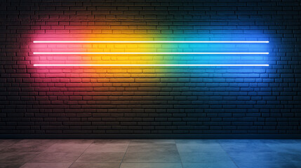 Rainbow neon lights pulsate against an industrial brick wall, evoking Pride Month vibrancy and Futurist architecture daydreams