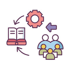 Knowledge transfer between books gear and people icon concept