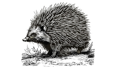 Vintage Engraving of Porcupine with Raised Spines, Antique Hand-drawn Forest Animal Illustration, Retro Black Sketch, Monochrome Nature Etching, Wildlife, Old Fashioned Artwork