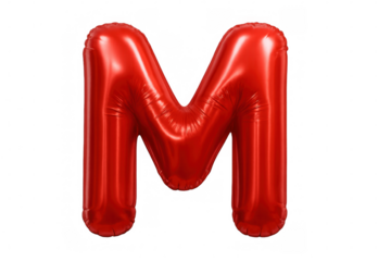 Shiny metallic red foil balloon letter m hovering weightlessly, reflecting light against transparent surface for festive design needs