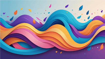 Abstract colorful wave shapes with layered curves and vibrant gradients on a soft background. Includes elements like floating leaves, splashes, and circular particles. Smooth, flowing design with shad