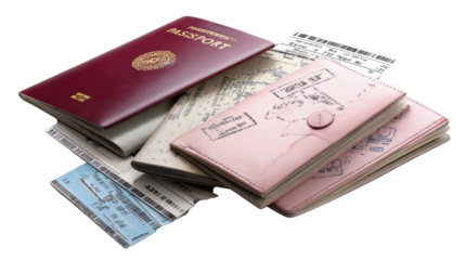 Travel essentials including passport and tickets.