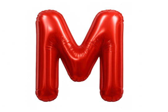Shiny metallic red foil balloon letter m hovering weightlessly, reflecting light against transparent surface for festive design needs