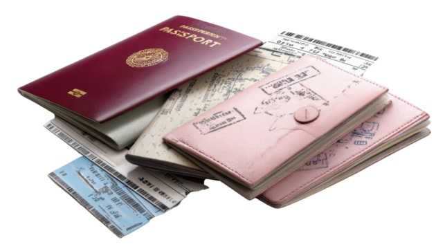 Travel essentials including passport and tickets.