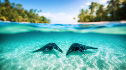 Fototapeta premium Two ethereal manta rays glide serenely in turquoise waters, evoking mystical Pacific legends and celebrating World Oceans Day