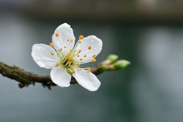 Close-up of a Delicate White Plum Blossom with Water Droplets on a Branch in Springtime Garden