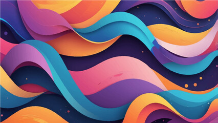 Abstract colorful wave shapes with layered curves and vibrant gradients on a soft background. Includes elements like floating leaves, splashes, and circular particles. Smooth, flowing design with shad