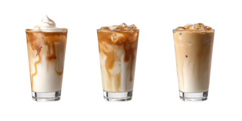 Three iced caramel macchiatos in glass cups with whipped cream and caramel drizzle on a black background on transparent background