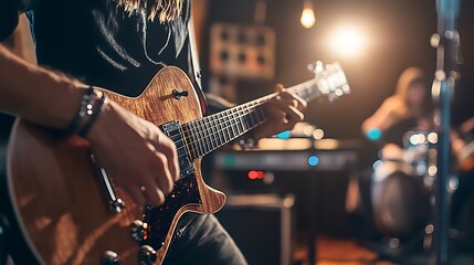 Obraz premium Passionate guitarist live performance with intense energy for dynamic music scene vibrant stage presence and powerful artistic expression concept.