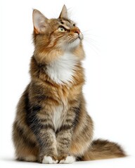 Obraz premium A fluffy long-haired cat sits and looks upward, showcasing its beautiful fur and captivating gaze.