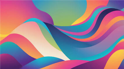 Abstract colorful wave shapes with layered curves and vibrant gradients on a soft background. Includes elements like floating leaves, splashes, and circular particles. Smooth, flowing design with shad