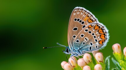 Obraz premium Colorful butterfly perched on delicate flower with vibrant green background nature photography