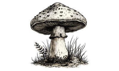 Antique Engraving of Puffball Mushroom, Hand-drawn Fungi Illustration, Retro Botanical Drawing, Monochrome Forest Nature Sketch, Vintage Rustic Etching Print, Trendy Animal Print