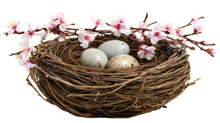 Obraz premium A nest with eggs and blooming flowers.
