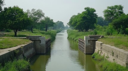 Fototapeta premium Canal gates adjusted to regulate irrigation water entering large field zones