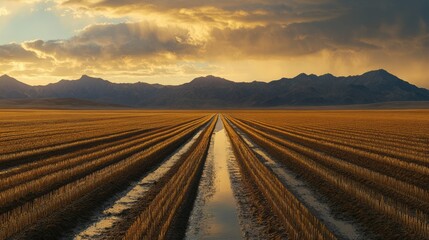 Obraz premium Canal gates adjusted to regulate irrigation water entering large field zones