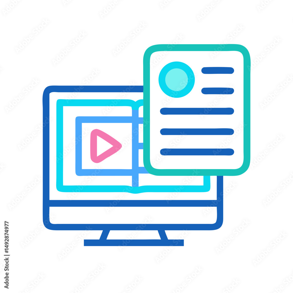 Poster computer display with video play button and document icon