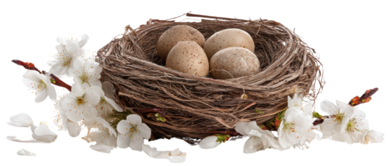 Nest with eggs and blooming flowers.