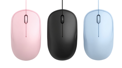 Computer Mouse Collection in Different Colors Including Pink and Light Blue on Transparent Background


