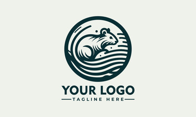 Stylized rat illustrated inside circular frame with curved water-like lines below feet. Animal concept
