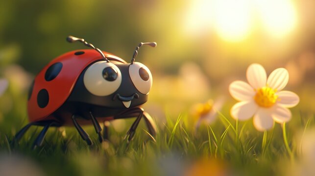 Happy ladybug in a sunny meadow near a daisy.