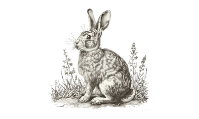 Monochrome Mammal Line Art, Antique Engraving of Rabbit in Forest, Vintage Wildlife Etching, Rustic Fauna Print, Retro Fauna Drawing, Nature Illustration, Detailed Animal Artwork