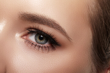 Obraz premium Beautiful Macro Female Eye with Extreme Long Eyelashes and Celebrate Makeup. Perfect Shape Make-up, Fashion Long Lashes