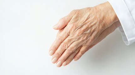 Fototapeta premium Delicate hand of an older person resting on a soft white surface in natural light