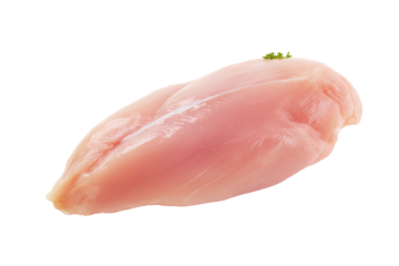 Close up of a single raw chicken breast with a small green garnish on top against a black background on transparent background