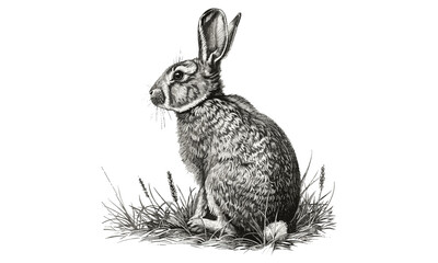 Retro Animal Sketch, Antique Engraving of Rabbit in Meadow, Monochrome Wildlife Line Art, Detailed Nature Illustration, Vintage Forest Fauna Etching, Rustic Wildlife Print, Black Sketch