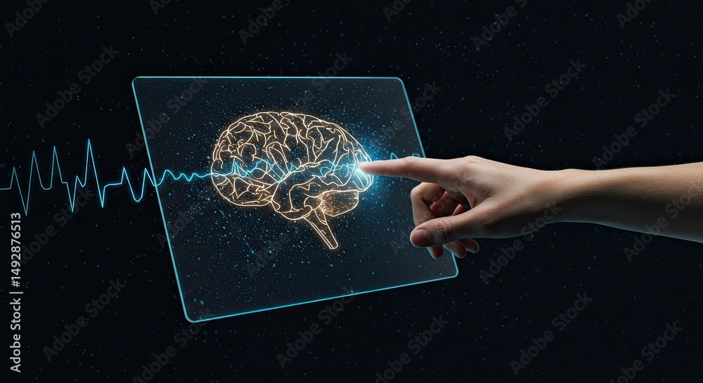 Poster futuristic depiction of a digital brain with a hand interacting on a screen