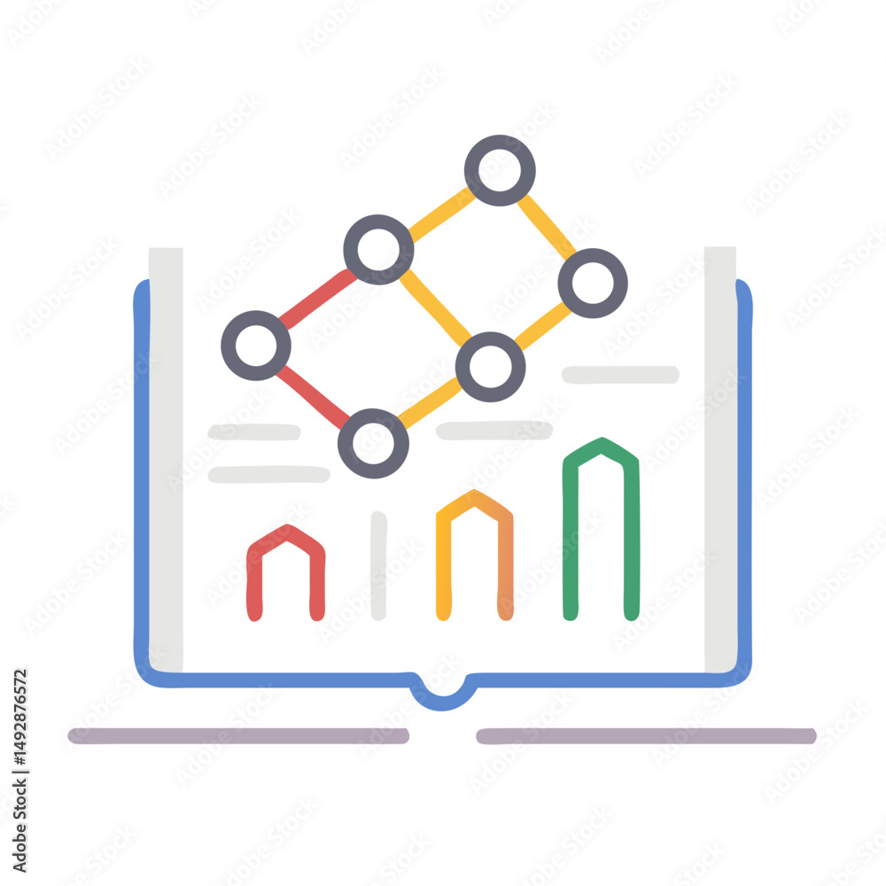 Poster open book with graph network and colorful bar chart